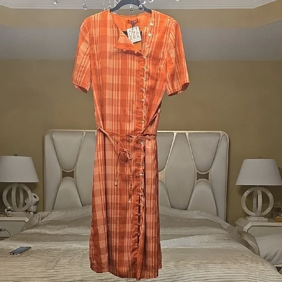 Altuzarra Picotee Orange Checkered Midi Dress In Cayenne Canyon Clay Size 42 - Picture 4 of 16